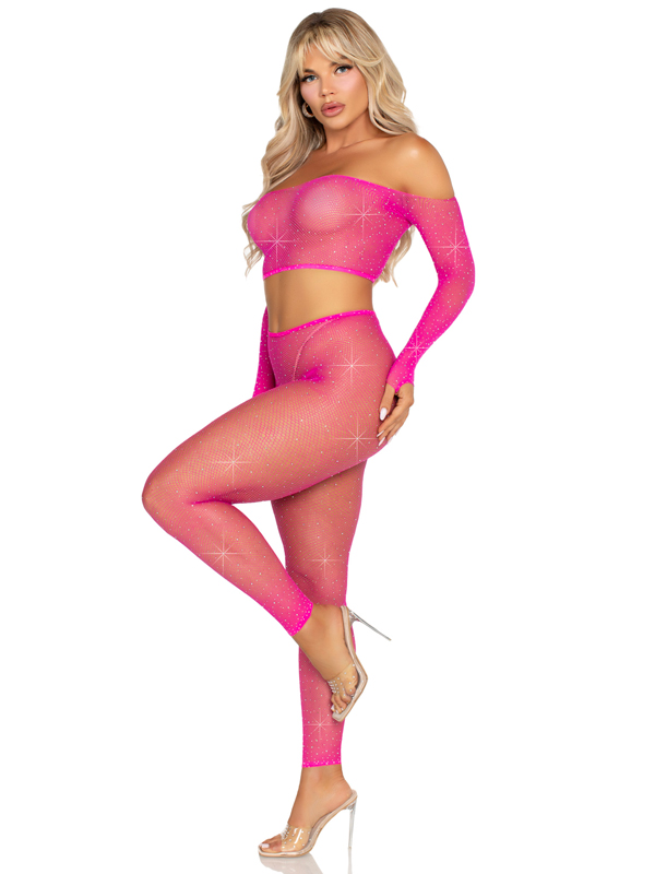 Rhinestone Fishnet Top & Footless Tights
