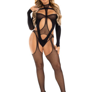 Fishnet Suspender Lingerie Jumpsuit - Black